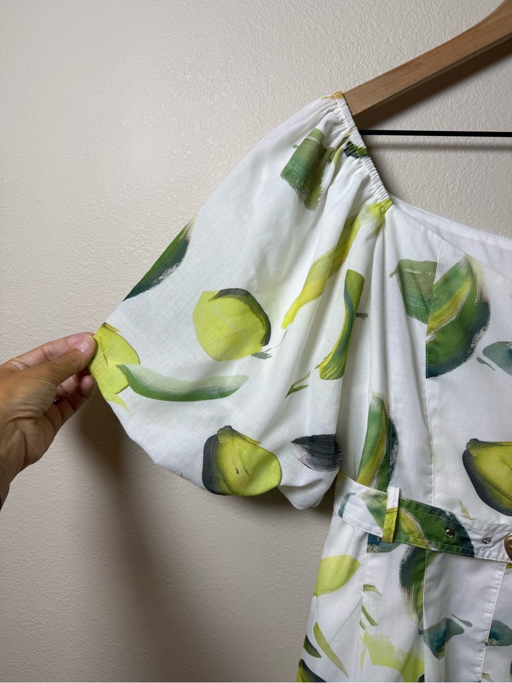 Beulah Style Alyssa Zest White Puff Sleeve Mini Dress Green & Yellow Leaf Cotton - Picture 4 of 15